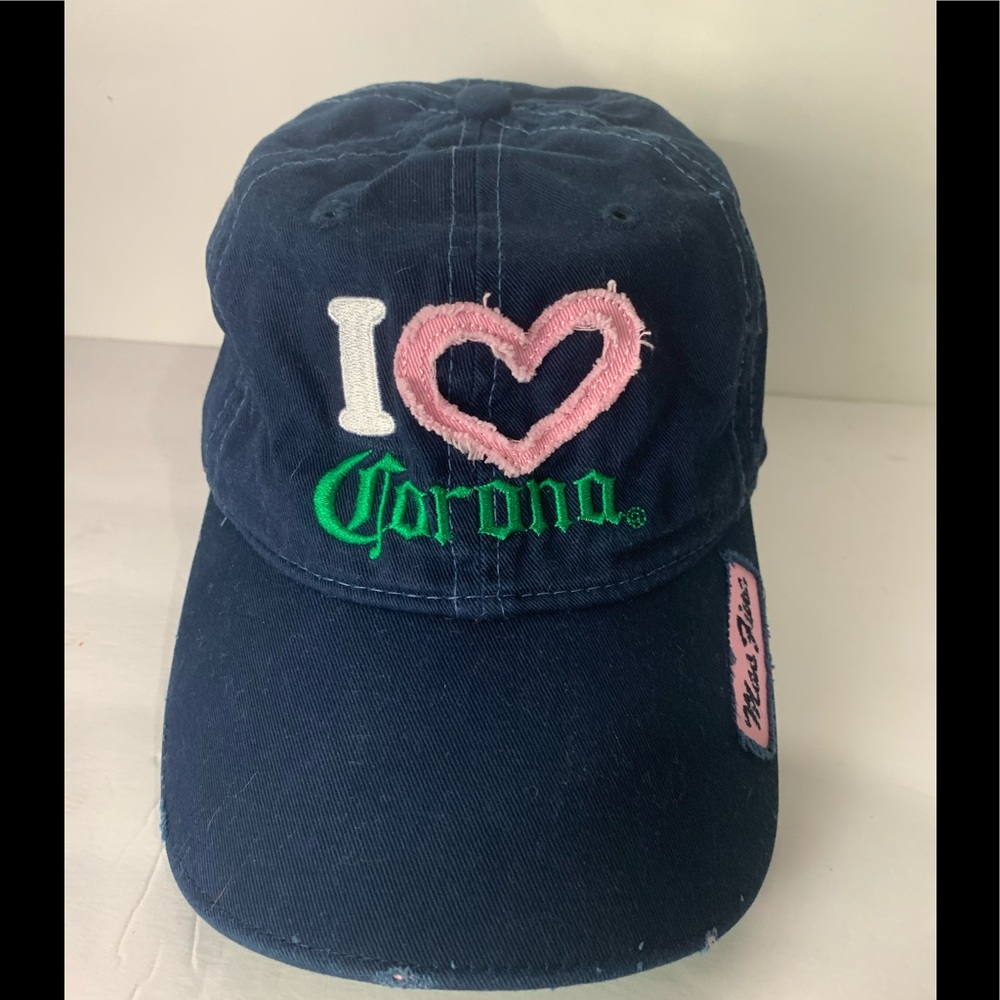 I Heart Corona Pink Heart Distressed Navy Adjustable Hat One Size Beer Cerveza